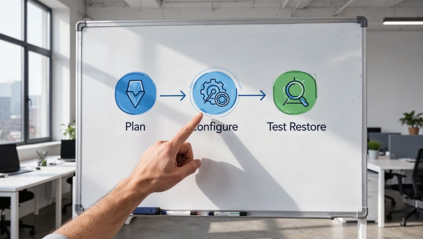 Modern illustration depicting step-by-step backup setup process icons for plan, configure, and test restore in a flowchart style on a whiteboard in a modern office, using clean shapes in blue and green palette with soft lighting and one pointing hand.