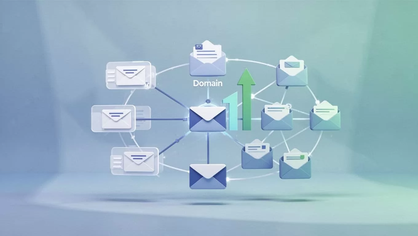 Modern illustration showing the easy step-by-step setup of cold email warmup on a fresh domain, with simple icons for domain setup, inbox connections, volume ramp-up, and mailbox network in soft blue and green tones.