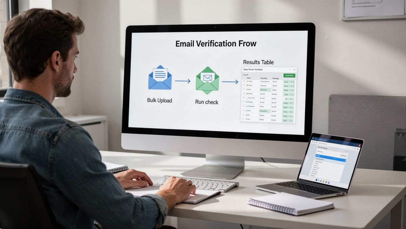 Modern illustration of the email verification process on Hunter.io dashboard, featuring bulk email upload, verification check, and results table with simple flowchart elements. A single person views the screen at a desk setup with notepad under soft office lighting.
