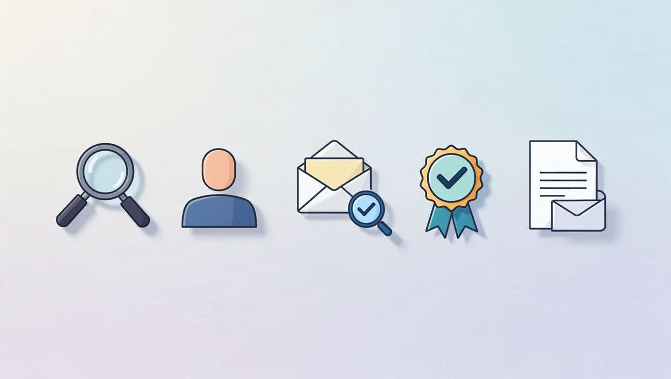 Modern illustration showing step-by-step workflow icons: LinkedIn search, profile view, Hunter email finder, verification checkmark, and email compose, using clean shapes, controlled colors, strong composition, consistent line weight, and a light gradient background with no people, text, or extra elements.
