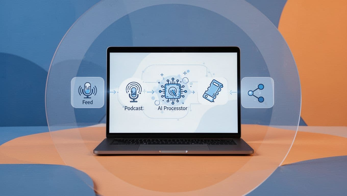 Modern illustration in clean shapes and blue-orange palette showing step-by-step icons around a central laptop for uploading podcast RSS to AI editor, generating clips, and exporting to social media. No people, text, logos, or extra objects.