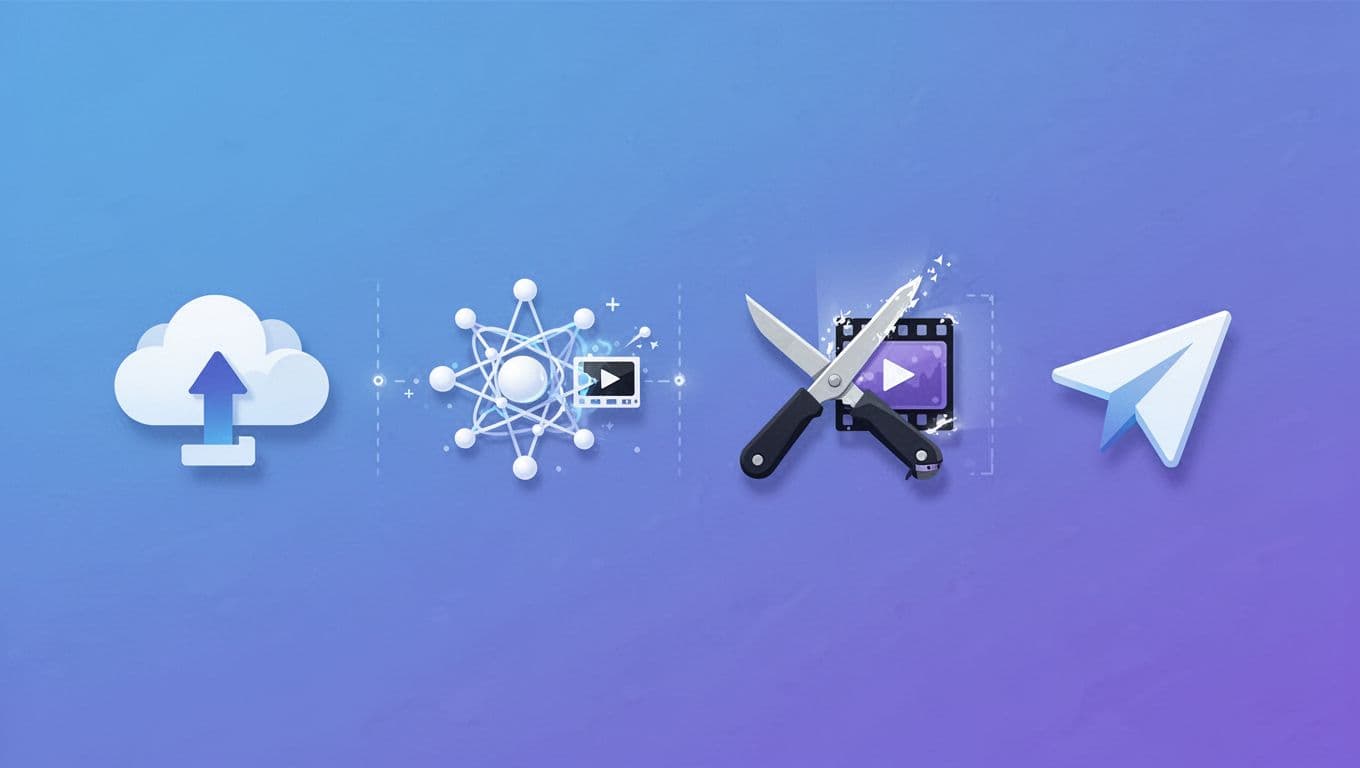 Modern illustration with step-by-step icons illustrating podcast upload to Opus, AI clip generation, shorts editing, and social media export. Clean shapes in blue and purple palette, horizontal composition, simple icons only.