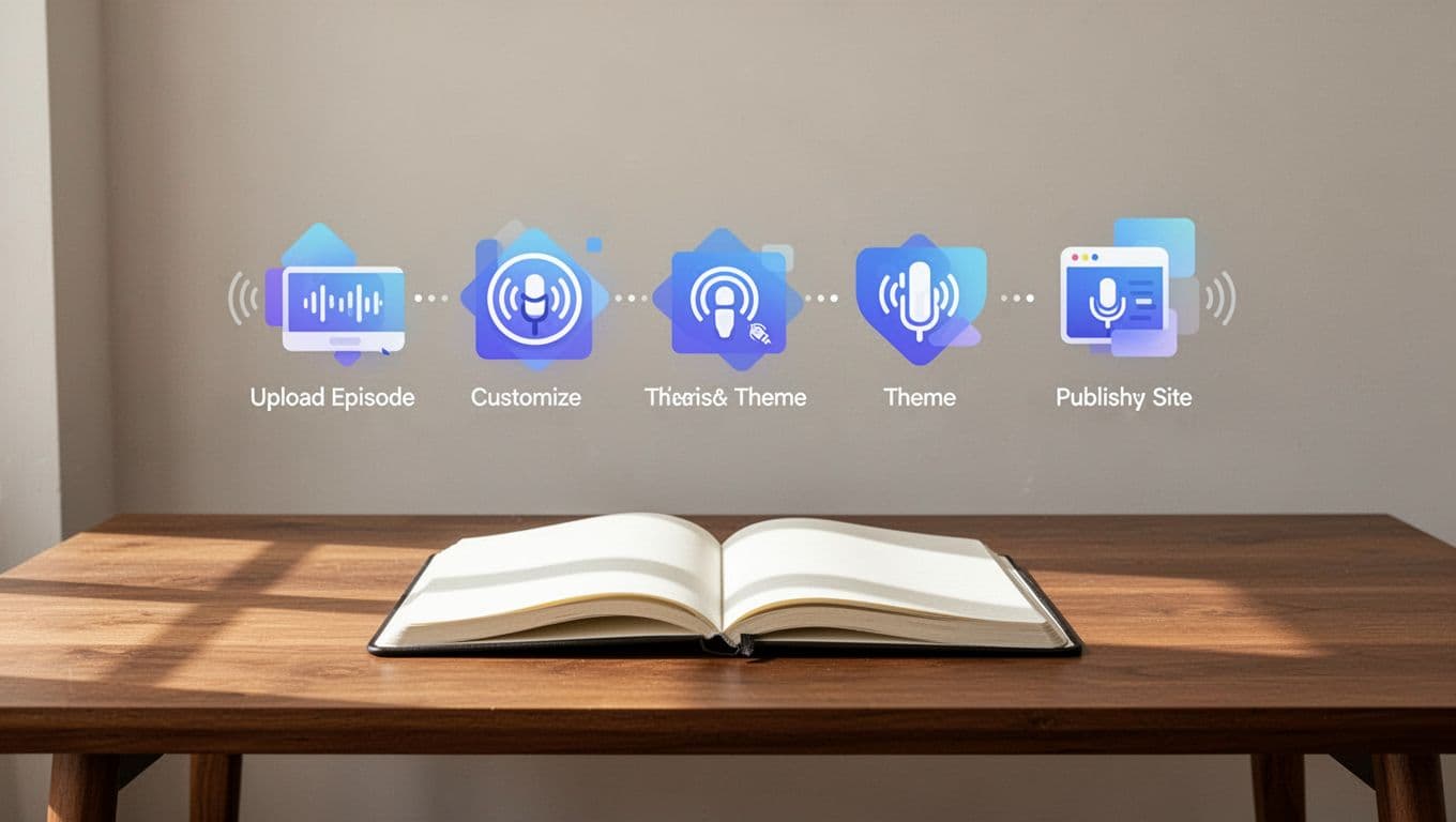 Modern illustration in clean shapes with a strong composition showing step-by-step workflow icons for podcast site setup, including upload episode, customize theme, and publish site, on a desk with notebook and simple background.