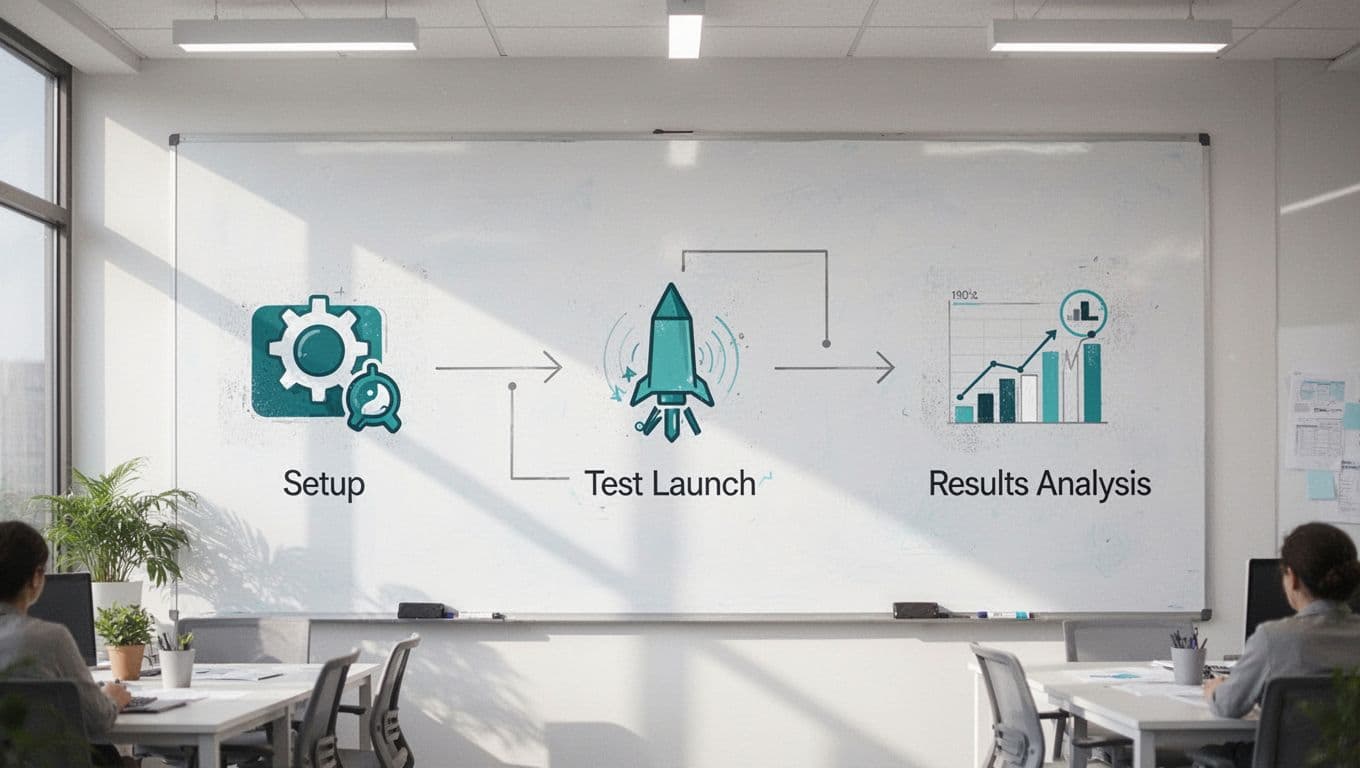 Modern illustration of a simple workflow diagram featuring icons for setup, test launch, and results analysis as a flowchart on a whiteboard in a bright team room with teal, white, and gray colors.