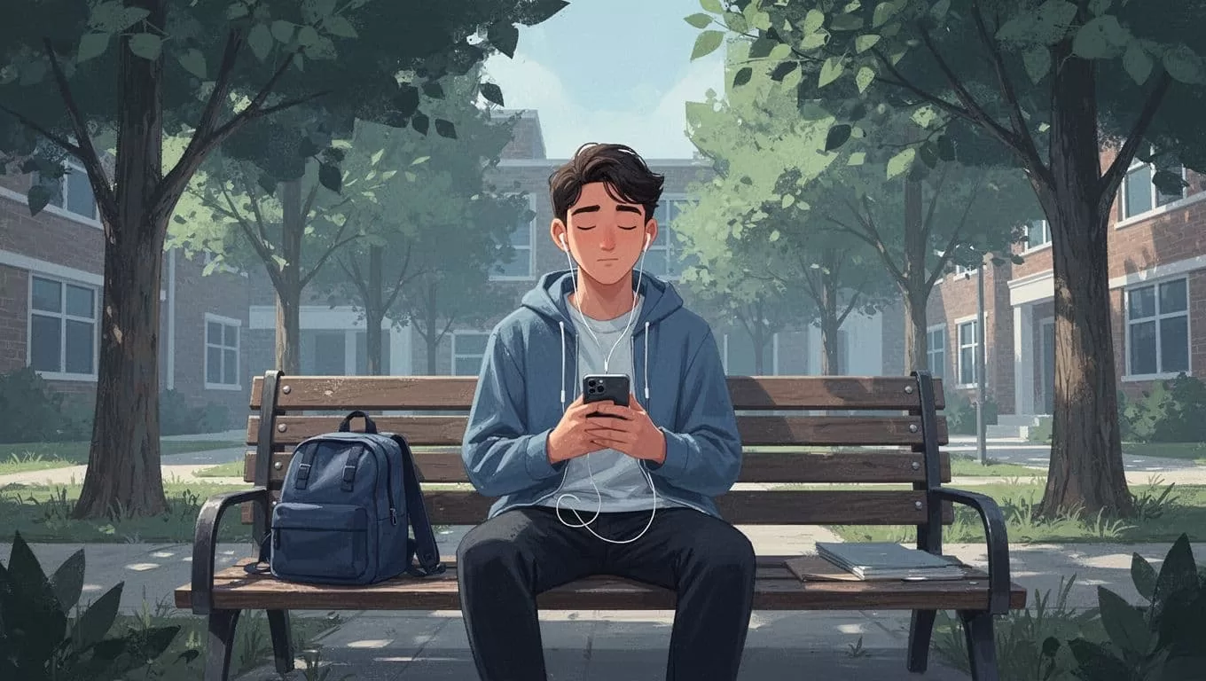 Modern illustration of a student on a campus bench, eyes closed listening intently to Speechify via earbuds on phone, backpack nearby, trees in background.
