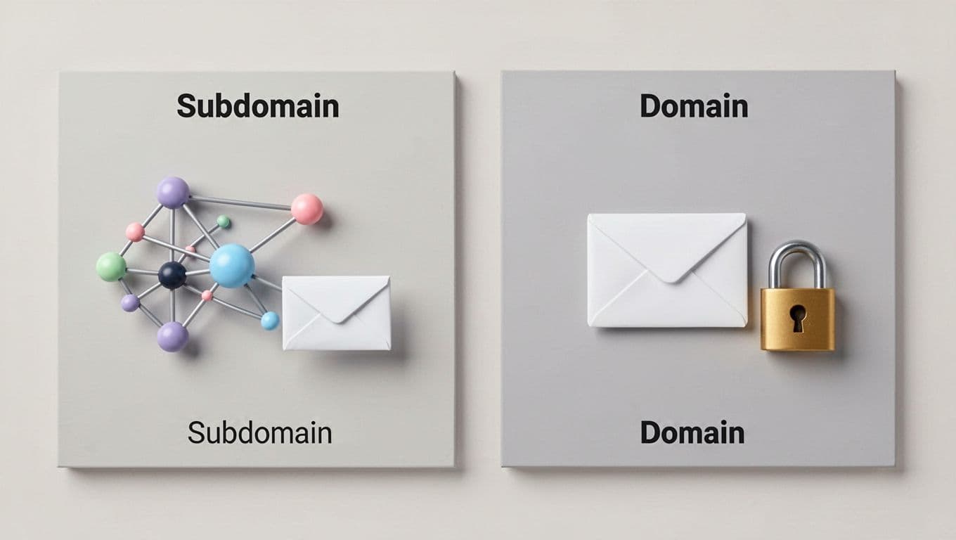 Modern illustration showing subdomain (mail.brand.com) and separate domain (outreach.com) options side by side, with email envelopes and security locks on a neutral background using clean shapes and controlled colors.