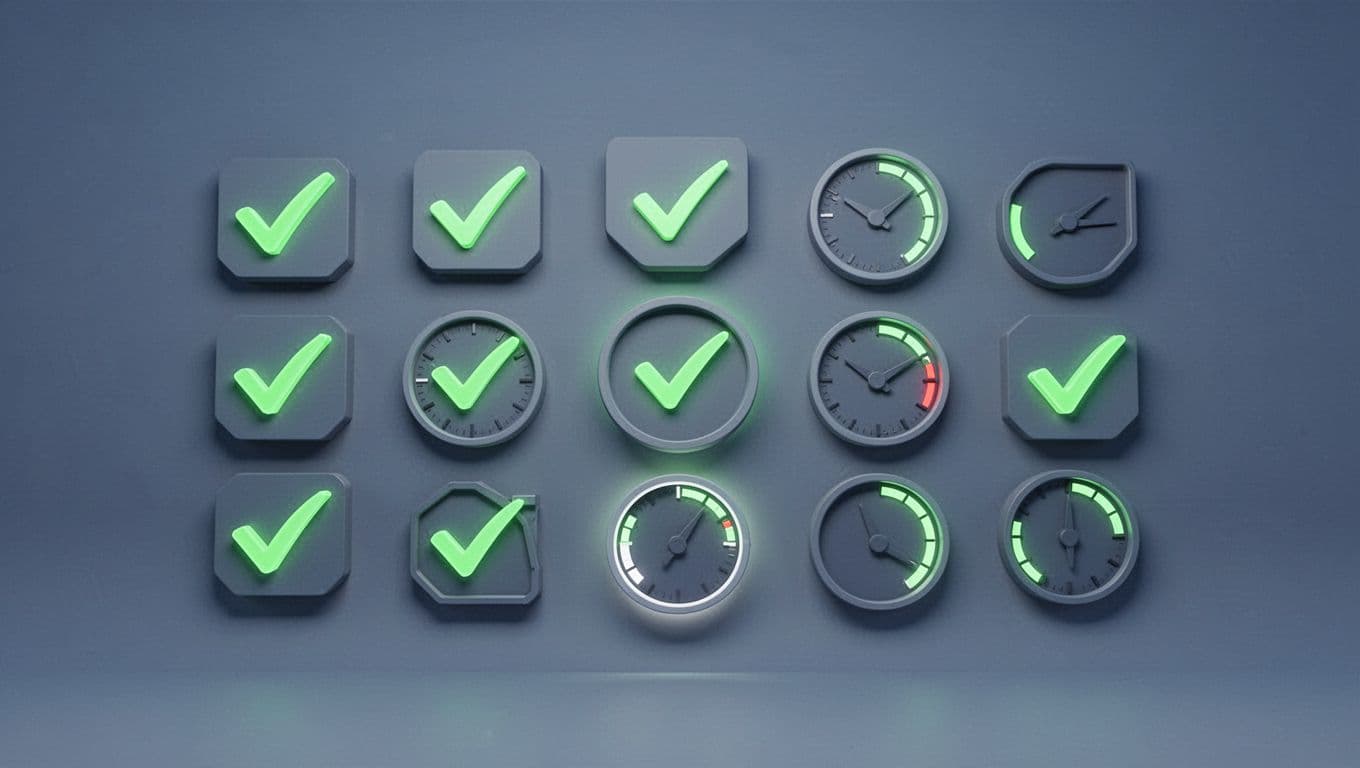 Modern illustration of a checklist or dashboard showing retention rules status with green checkmarks and timers, using clean shapes in a blue and gray palette.