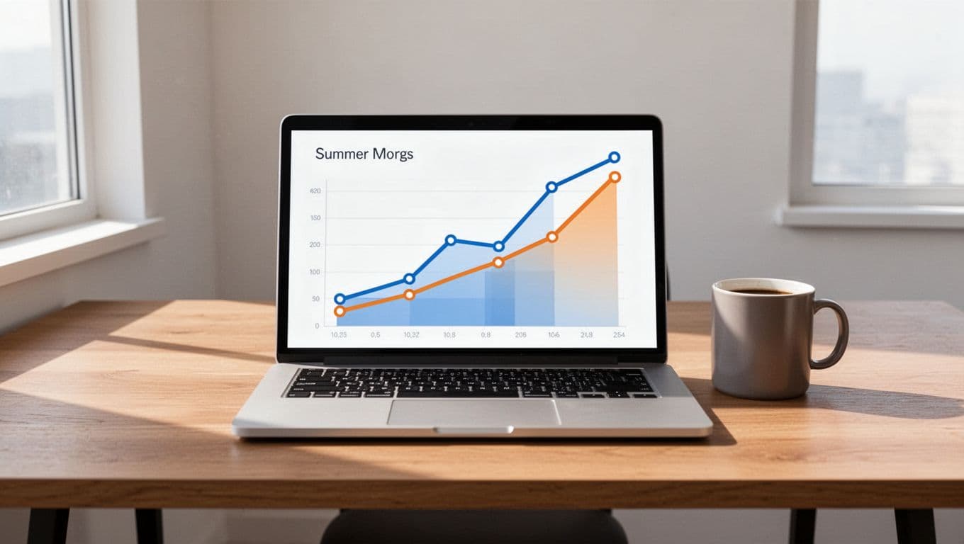 Modern illustration of a Google Trends chart showing a sharp seasonal spike in summer travel demand for retail, displayed on a laptop screen centered on a desk with a coffee mug nearby.