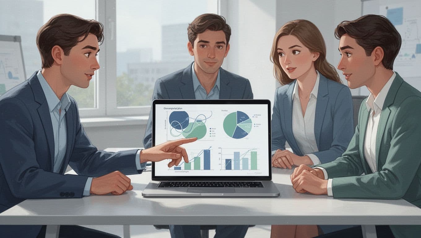Illustration of three colleagues at a desk discussing charts on a laptop screen showing Google Sheets with Supermetrics add-on, modern style with clean shapes and soft blues, greens, whites.