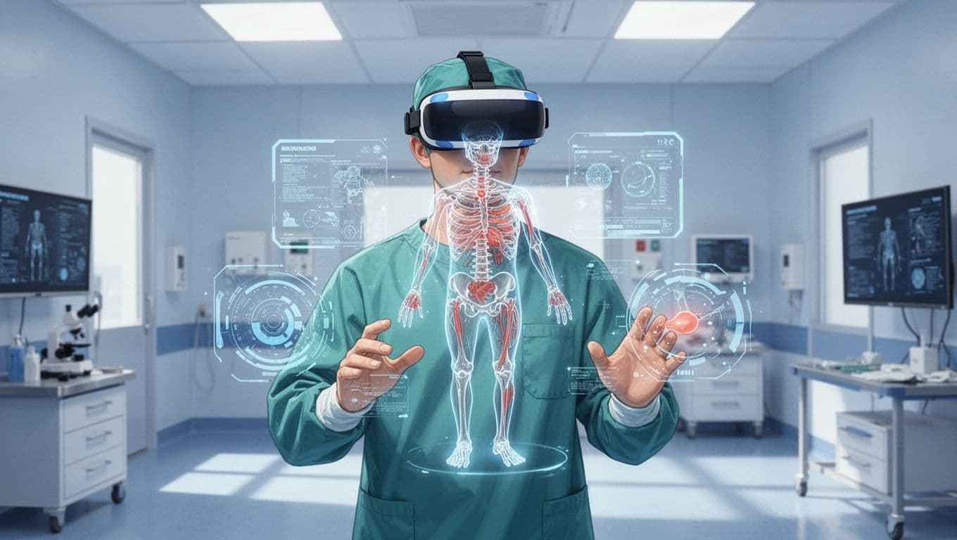 A surgeon wearing a lightweight VR headset in a sterile hospital training room interacts with a floating holographic human anatomy model for surgery practice, featuring bright clinical lighting and a modern illustration style in blues and whites.