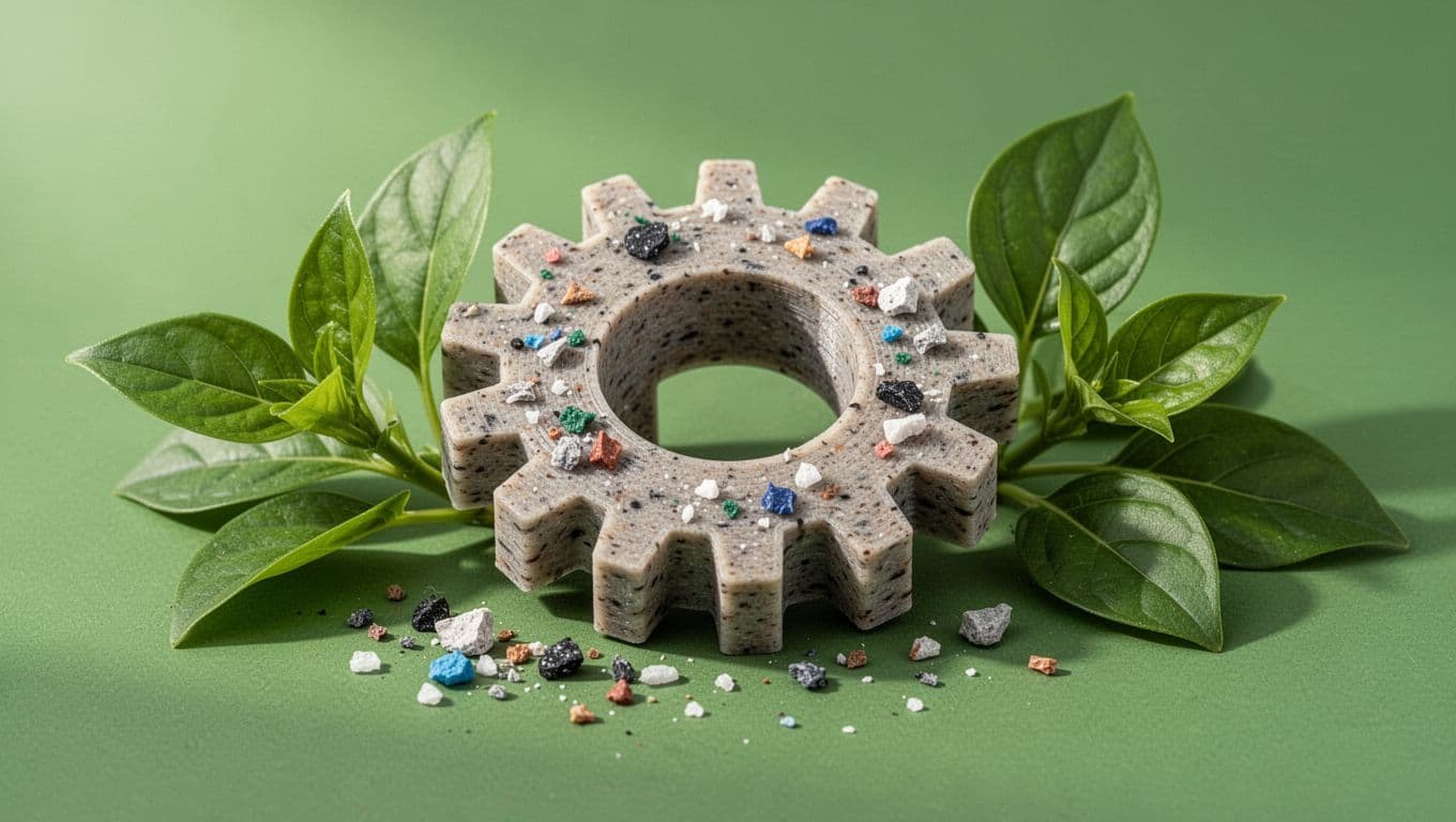 Eco-friendly 3D printed prototype from recycled plastic and bio-based materials, gear-like object with textured surface showing recycled particles beside plant leaves on green background.