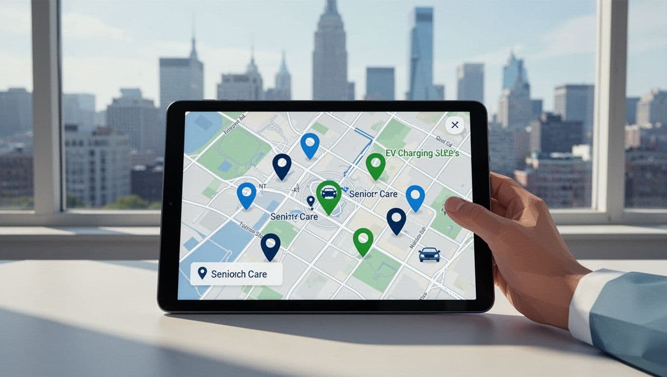 Modern illustration of a tablet displaying a local service map with pins on growing areas for EV charging installations and senior care, hand resting nearby, cityscape background.