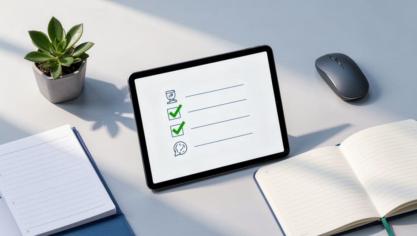 Modern illustration of a tablet on a desk showing a completed checklist interface with green checkmarks next to RSS redirect, podcast directories, and analytics icons. Nearby plant, mouse, and notebook in a clean composition of blues, greens, and whites.