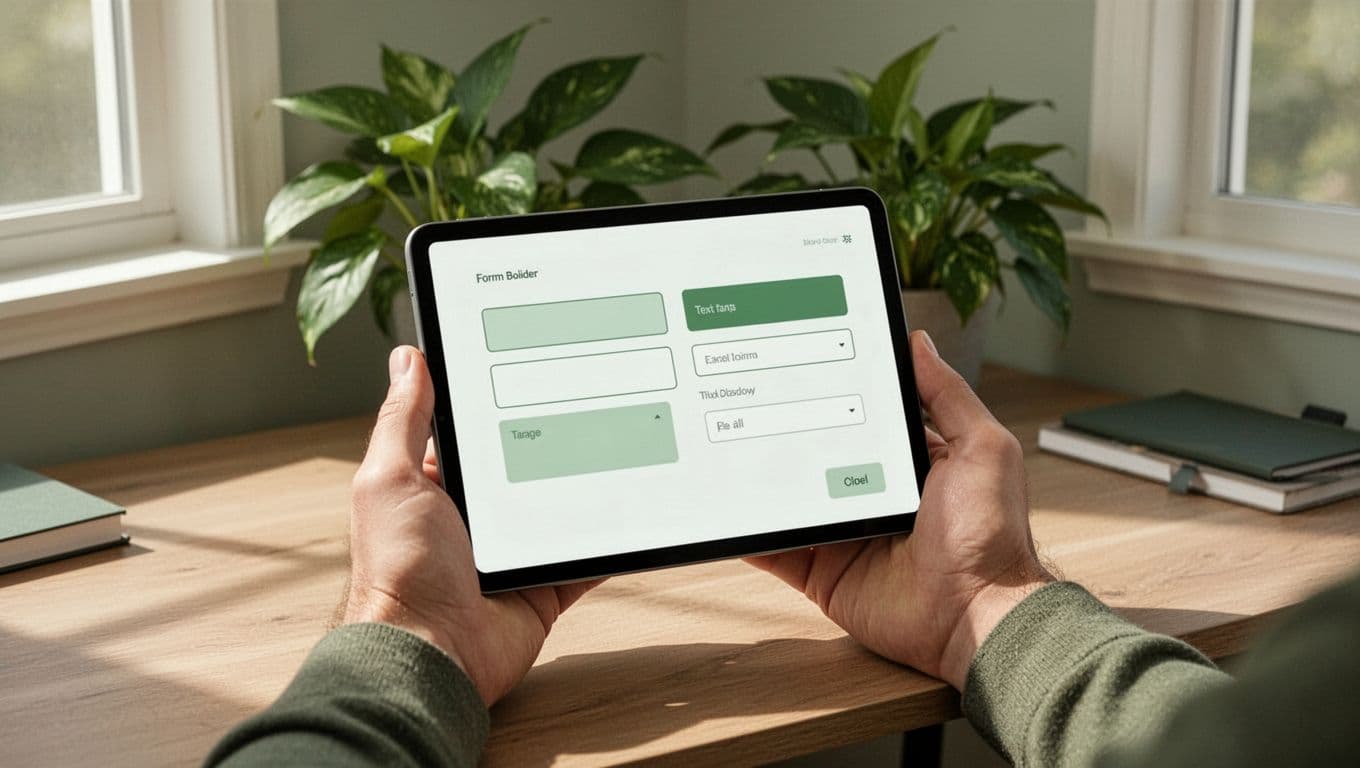 Illustration of a tablet held in relaxed hands displaying Tally's form builder interface with blocks for text fields and dropdowns, in a cozy home office with plant and soft light.