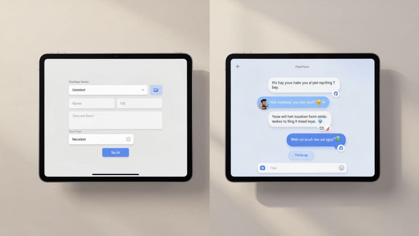 Modern split-screen illustration comparing Tally's simple block form interface on the left with Typeform's conversational style form on the right, featuring clean shapes, neutral background, and controlled colors with no text or people.