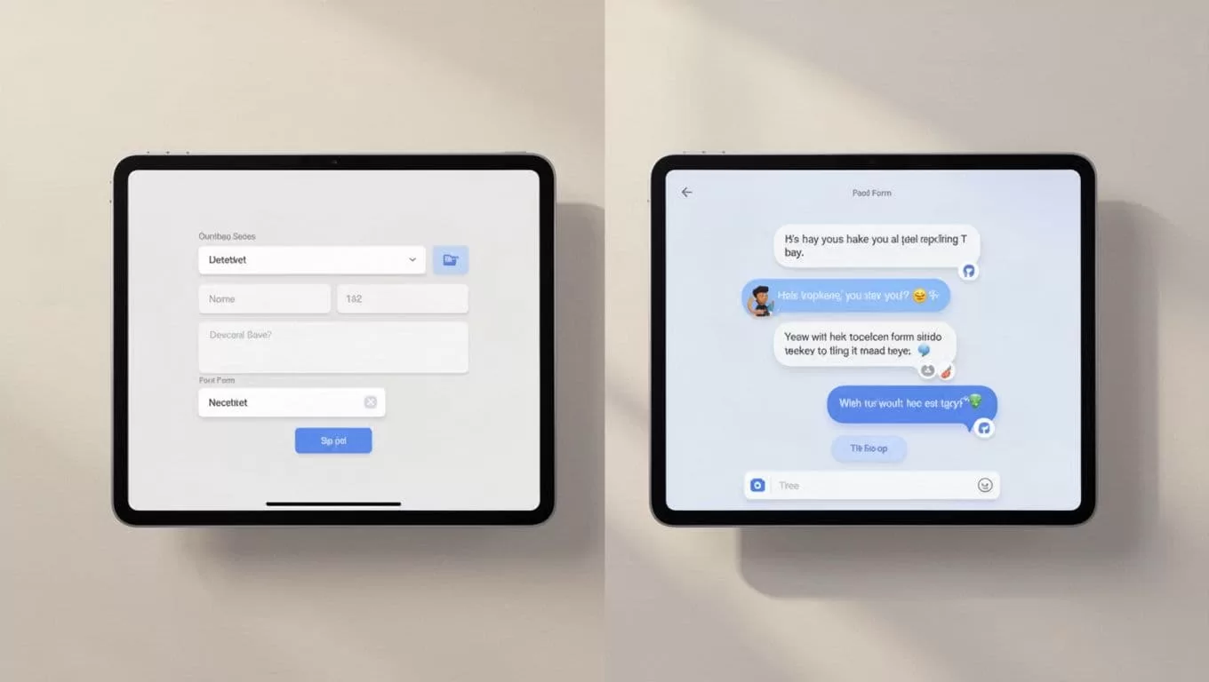 Modern split-screen illustration comparing Tally's simple block form interface on the left with Typeform's conversational style form on the right, featuring clean shapes, neutral background, and controlled colors with no text or people.