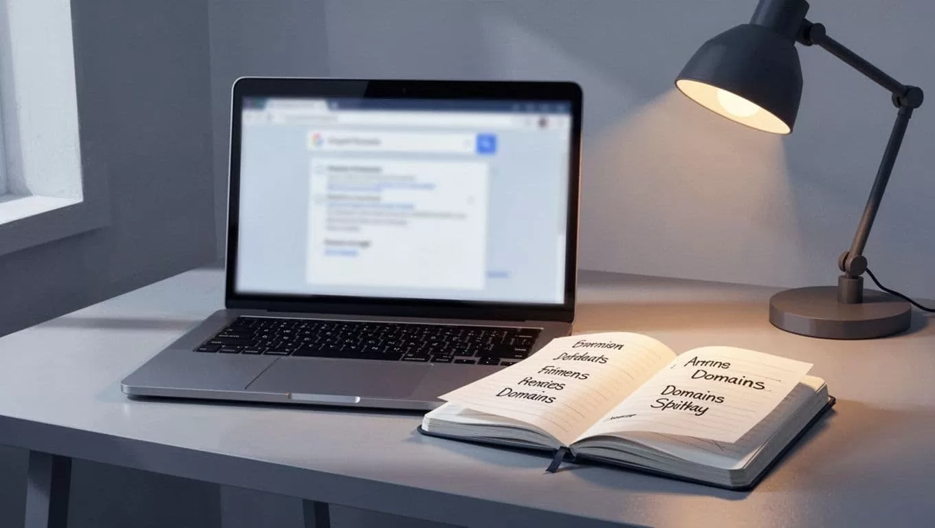 Modern illustration featuring a laptop with a blurred screen displaying an email finder tool searching a journalist's name and news domain, alongside an open notebook with handwritten names and domains, lit by a warm desk lamp.