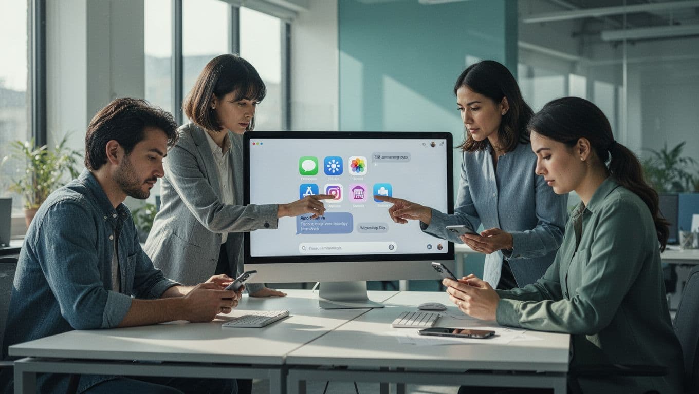 Small team of three professionals collaborates around a shared screen in a modern workspace, one adding app icons to angled Google Chat space interface, others checking relaxed phone notifications in clean blue-green illustration.
