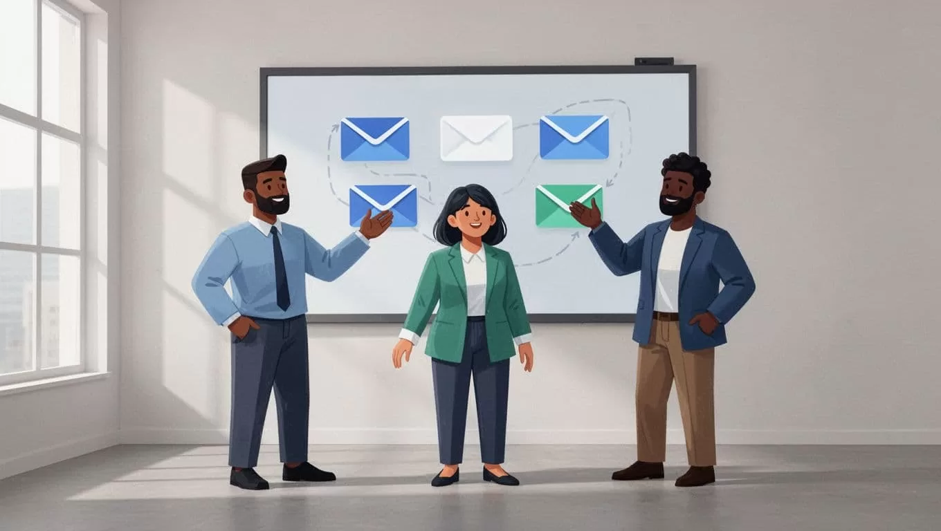 Modern illustration of three diverse professionals in a collaborative office setting, standing around a wall-mounted screen displaying a shared inbox with emails being assigned between avatars using clean shapes and a blues-greens palette.