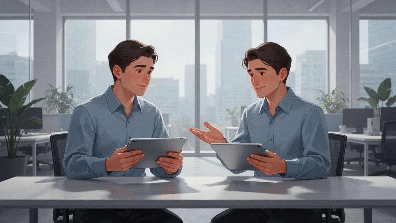 Two team members collaborate around a shared spreadsheet on tablets, pulling data from various sources in a modern office with natural light. Modern illustration in clean shapes, blues and grays palette, strong composition with no text, logos, or extra people.