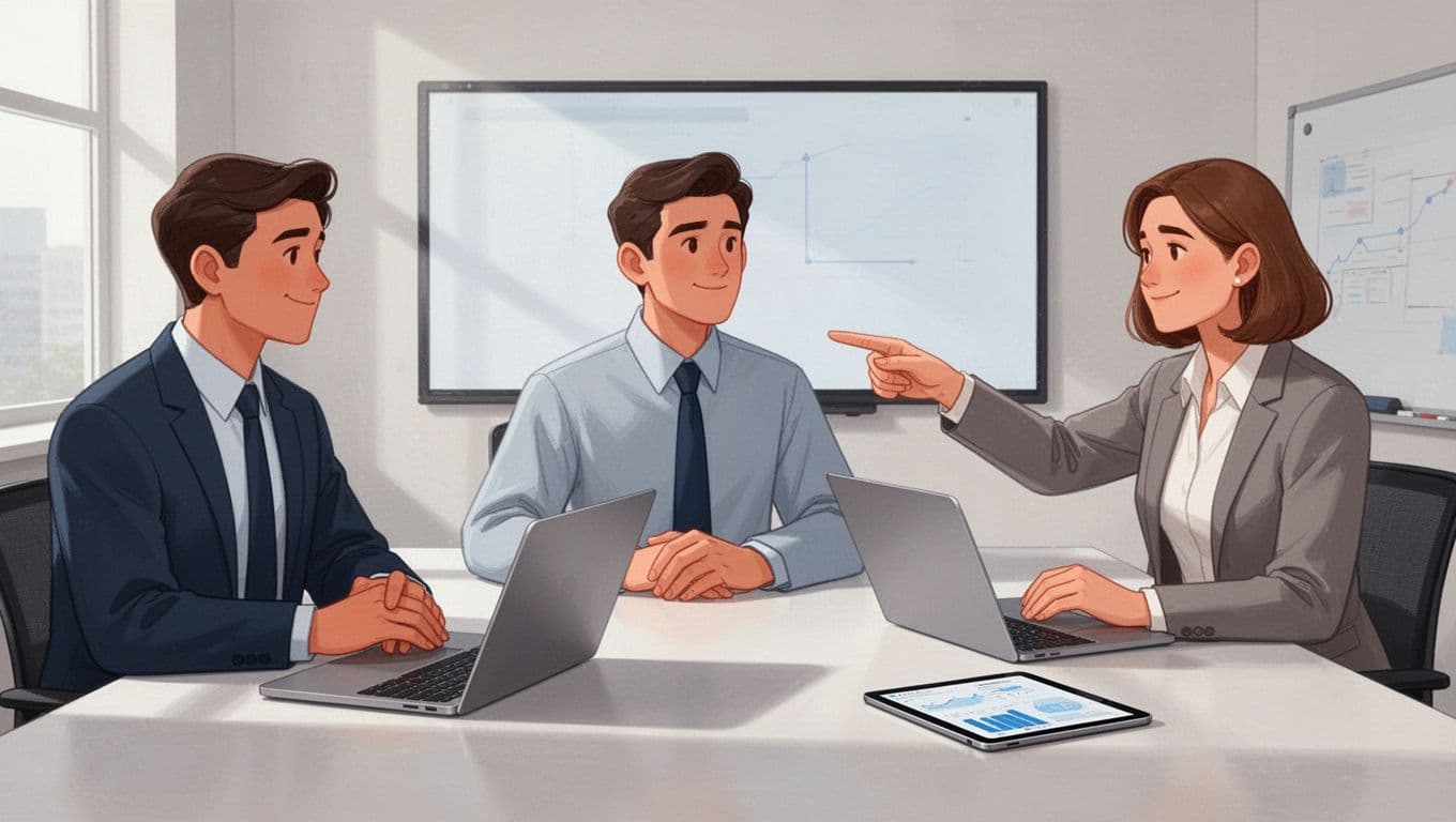 Modern illustration of three team members in an office viewing shared templates on laptops and a tablet with relaxed poses and soft lighting.