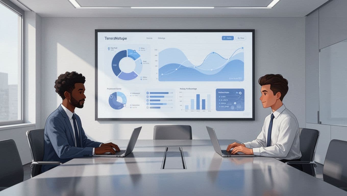 Modern illustration of three diverse team members in a conference room around a table, viewing a large screen displaying a shared podcast dashboard for multiple shows, with relaxed poses and open laptops.