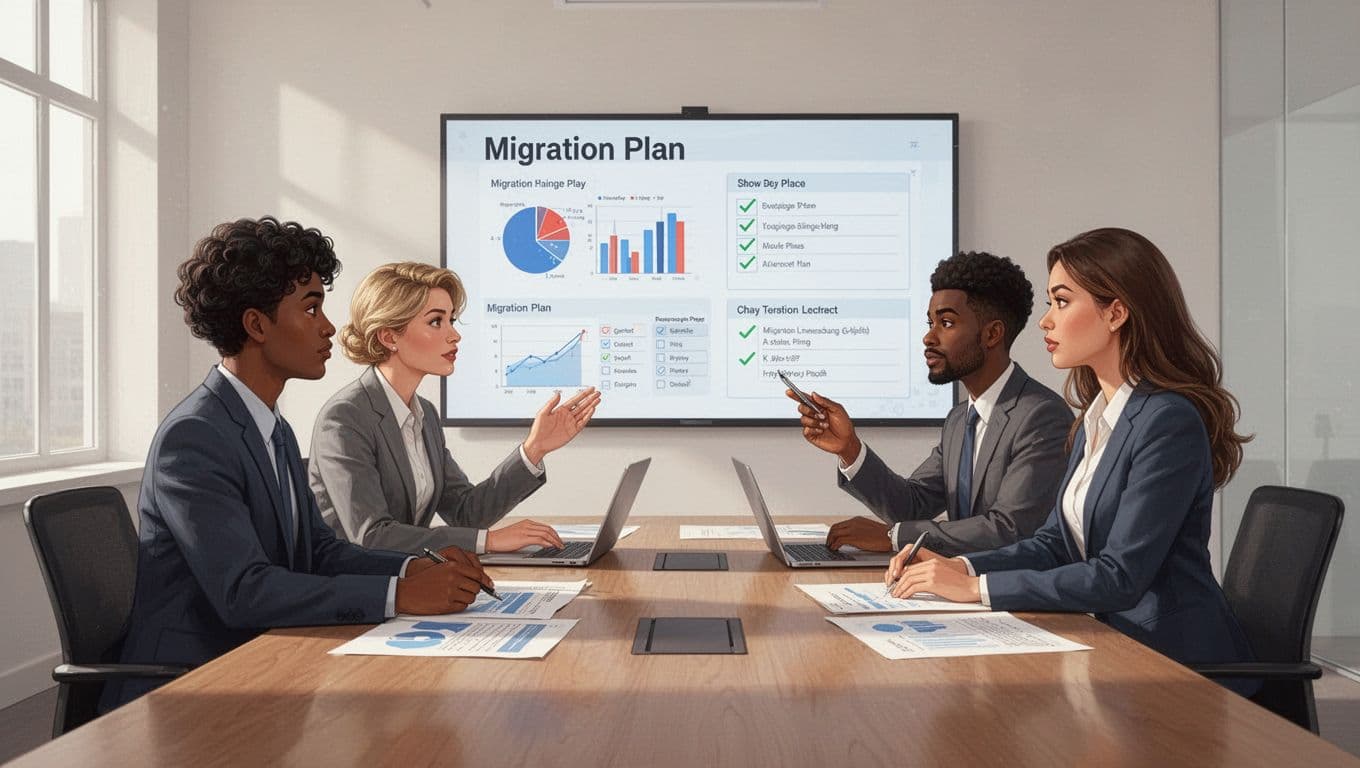 Diverse professionals around conference table discuss charts and checklists on shared screen.