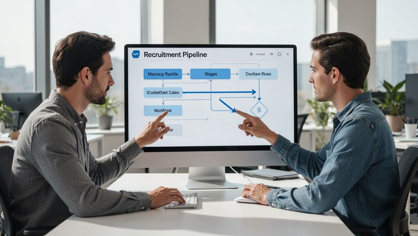 Two people collaborate on a laptop screen displaying recruitment pipeline stages connected by workflow arrows in a bright modern office.