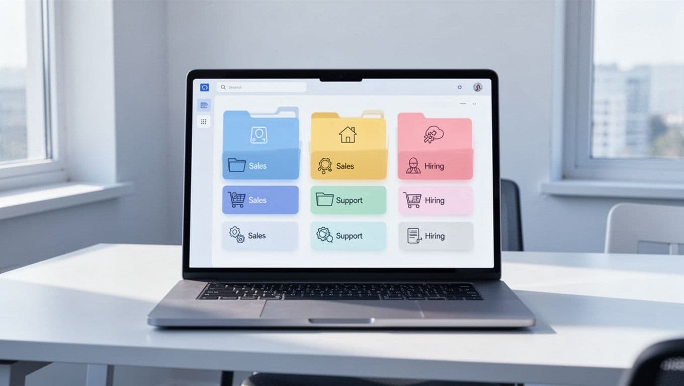Modern illustration of a team dashboard showing Gmail labels organized in folders like Sales, Support, and Hiring on a laptop screen in an office setting, with clean shapes and a blue-white palette.