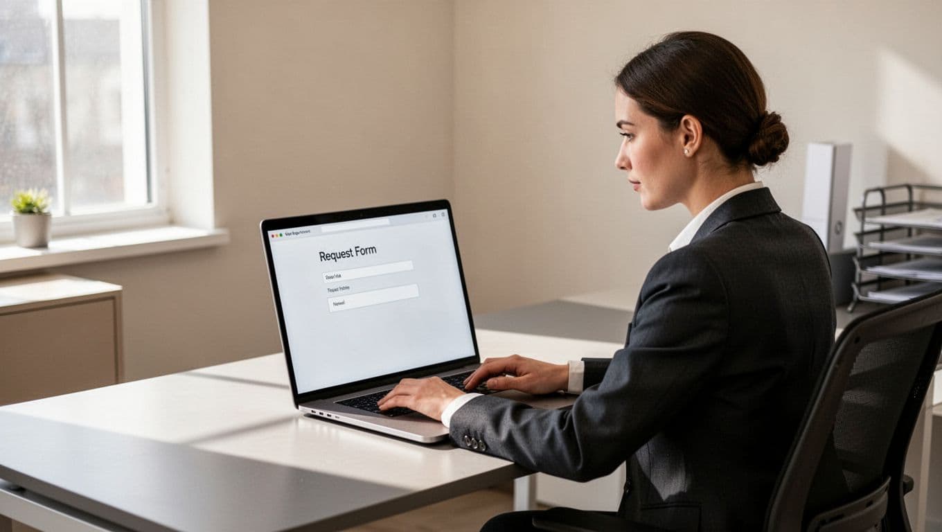 Modern illustration of a team lead at a desk in a clean office, focused on a laptop screen while creating a Google Form for internal requests, with a simple form interface visible at an angle.