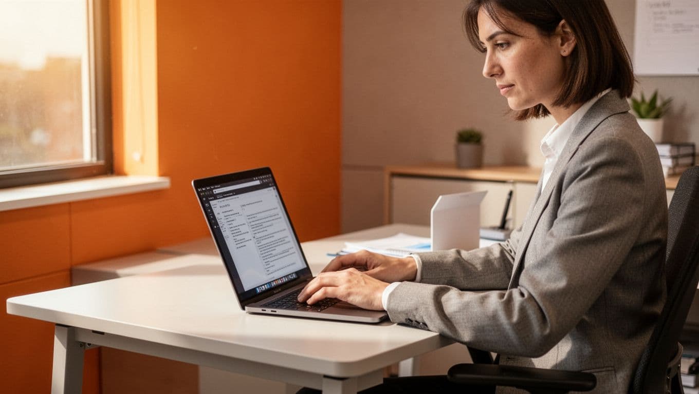 Team lead typing a decision summary into a Slack channel thread after a huddle, with laptop screen showing pinned huddle notes featuring bullet points in a modern illustration style using clean shapes and a warm palette of soft oranges and neutrals.