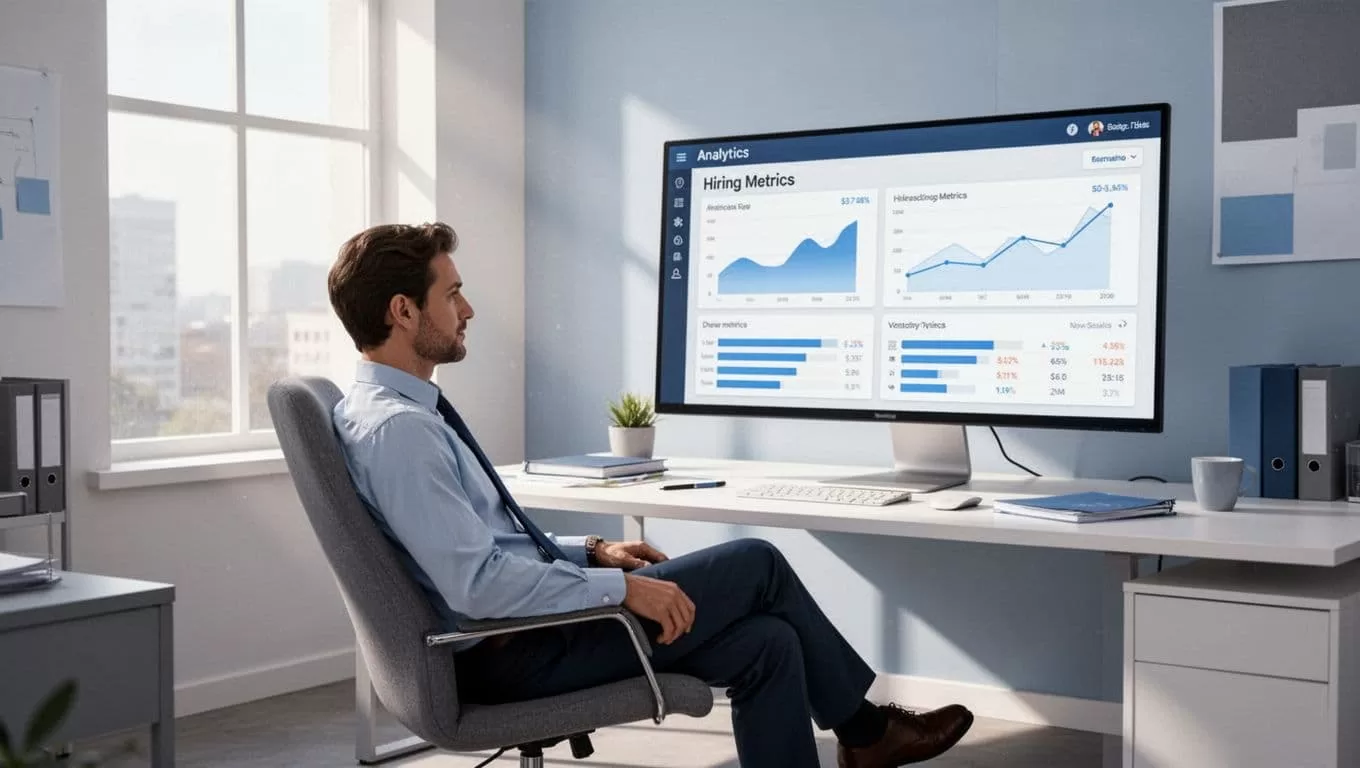 Modern illustration of a team lead in an office, leaning back relaxed in a chair while reviewing Recruit CRM analytics dashboard on a large monitor displaying KPIs like time to fill and placement rates, with natural window light and clean composition.