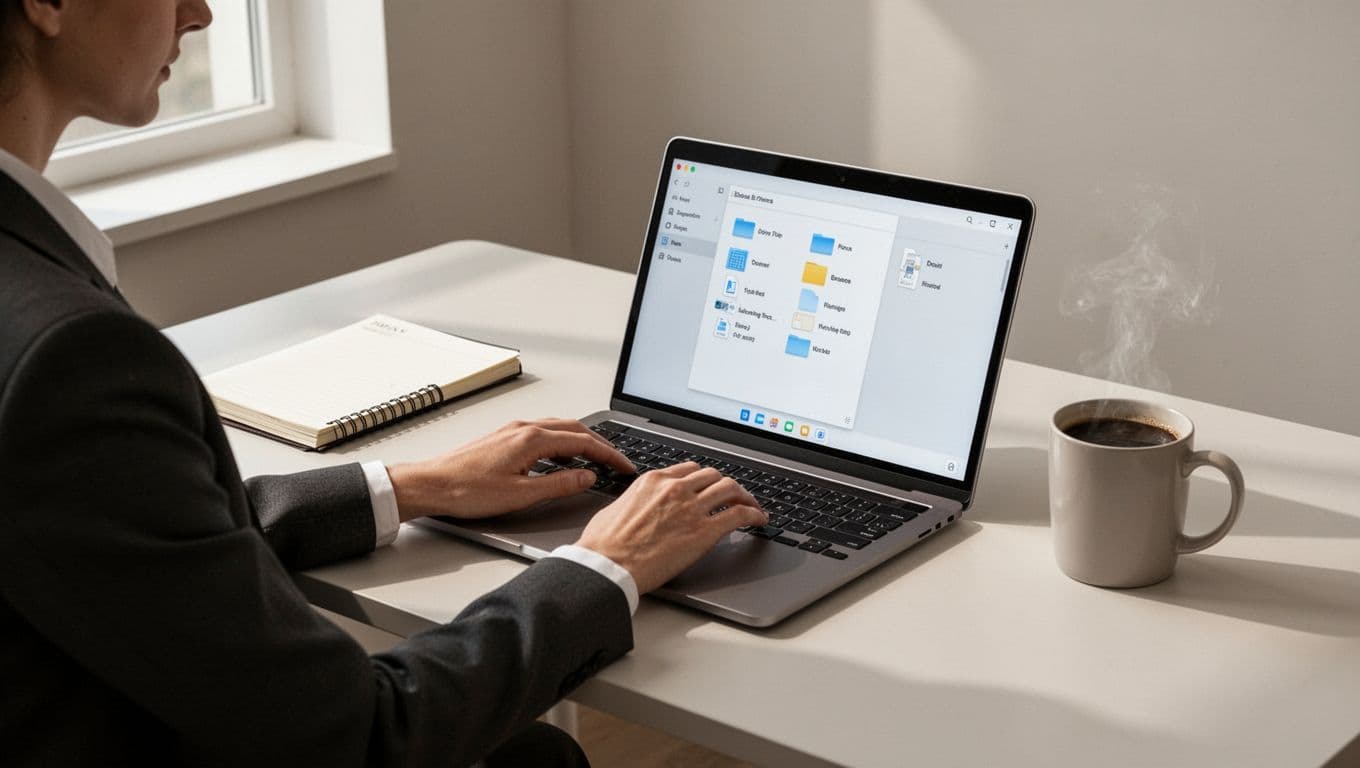 Modern illustration of a team lead at a desk with laptop open to shared drive setup interface, relaxed hands on keyboard, organized workspace with notebook and coffee mug.