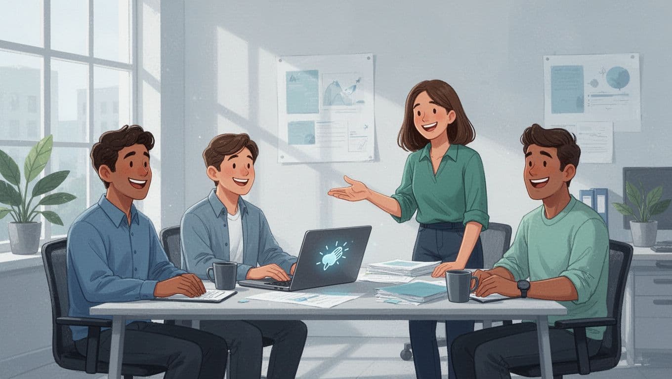 Team leader on laptop inviting new member to Google Chat space, small smiling group of four in bright office, subtle virtual handshake icons, modern illustration in blue-green palette.