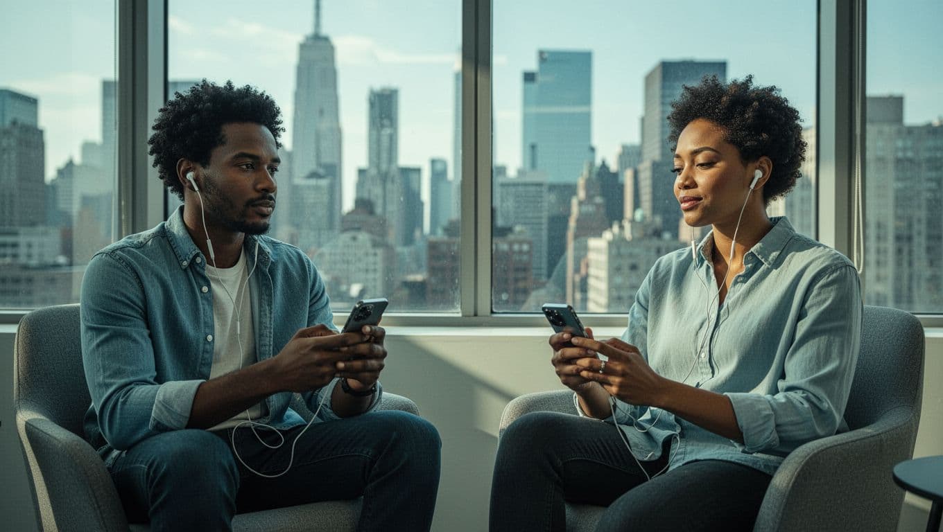 Four diverse employees listen to podcasts on mobiles with earbuds during commute and at desks.