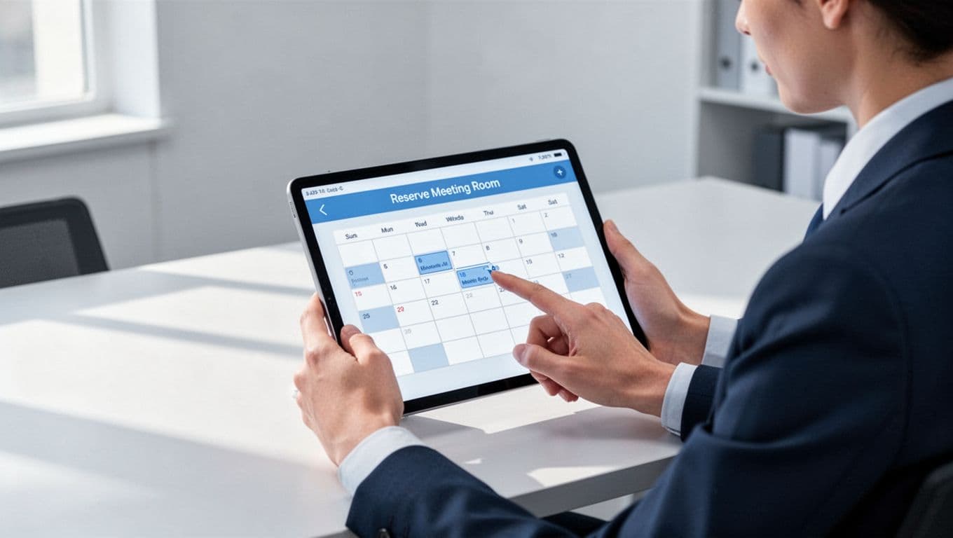 Person at office desk uses tablet to book conference room on Google Calendar.