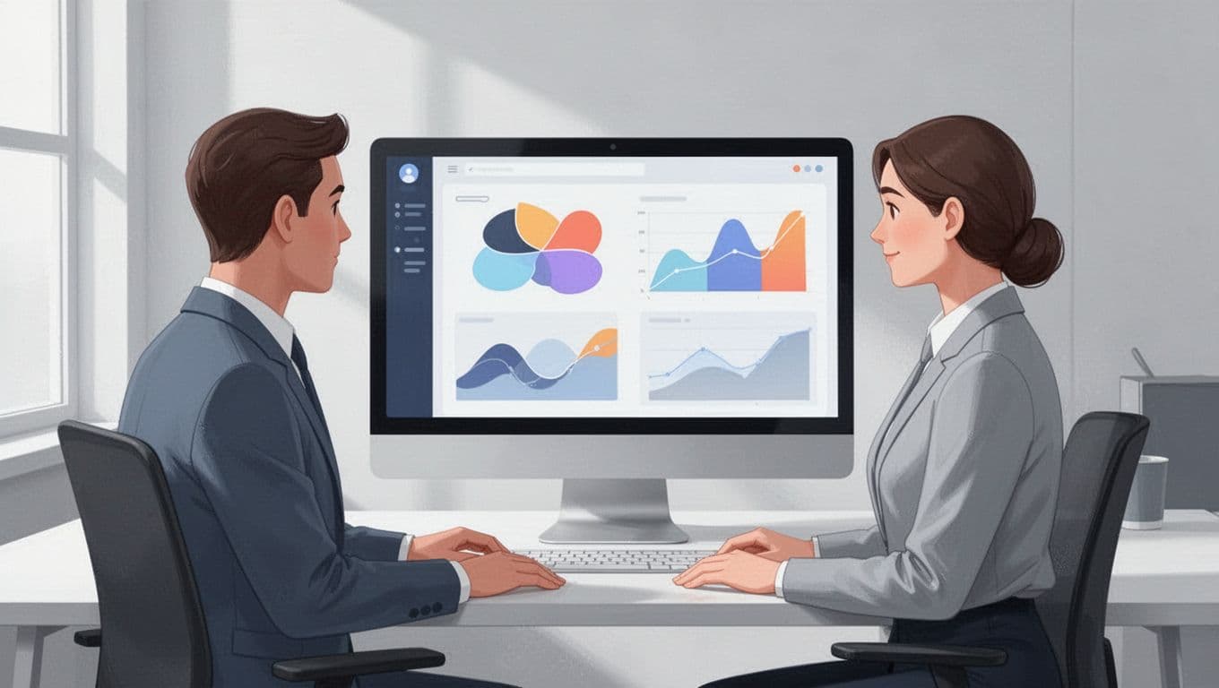 One team member views an analytics dashboard for screen recording training videos on a computer screen, displaying charts for views and engagement in a modern workspace. Illustration style with clean shapes, soft blues, grays, whites, front view, neutral lighting, hands resting.