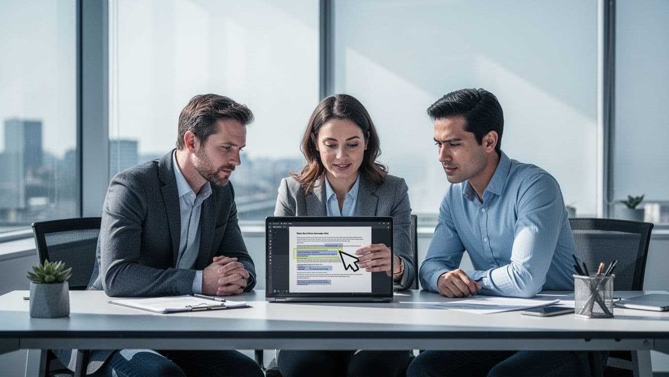 Modern illustration of a three-person team around a desk reviewing a large PDF on a laptop, with one person using a redaction tool to highlight text, in a clean office with natural light.