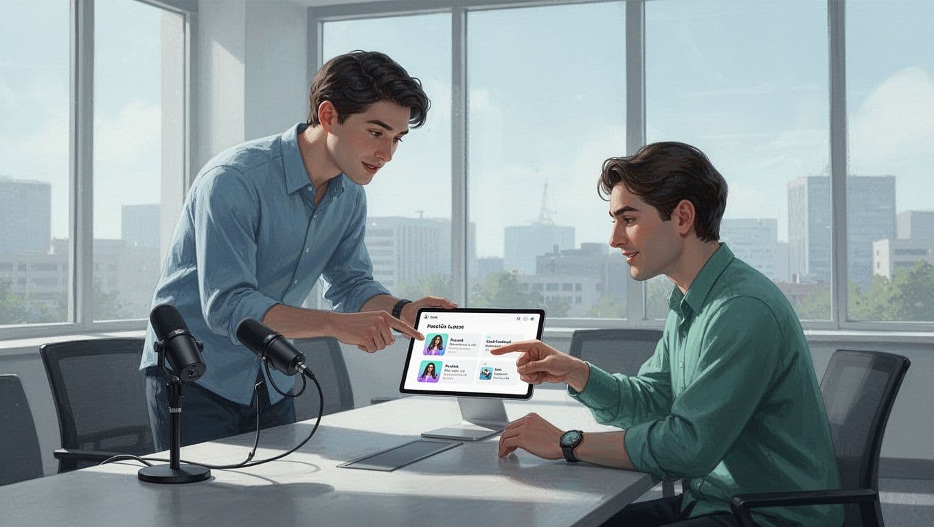 Two collaborators, one standing one sitting, review podcast episodes on a shared tablet in a bright conference room with microphone nearby.