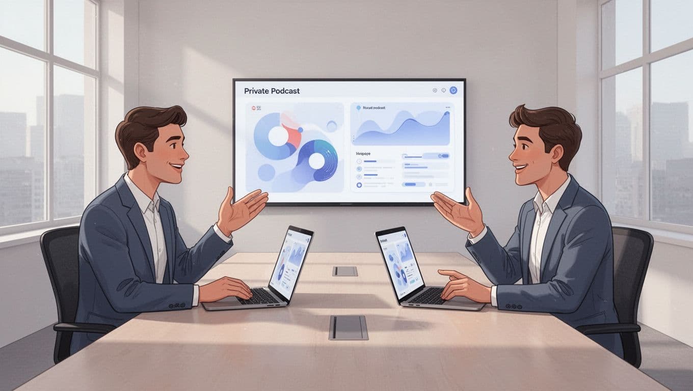 Two professionals discuss private podcast feeds on shared screen with laptops in conference room.