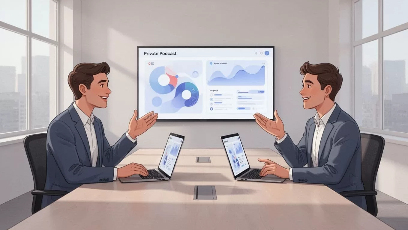 Two professionals discuss private podcast feeds on shared screen with laptops in conference room.