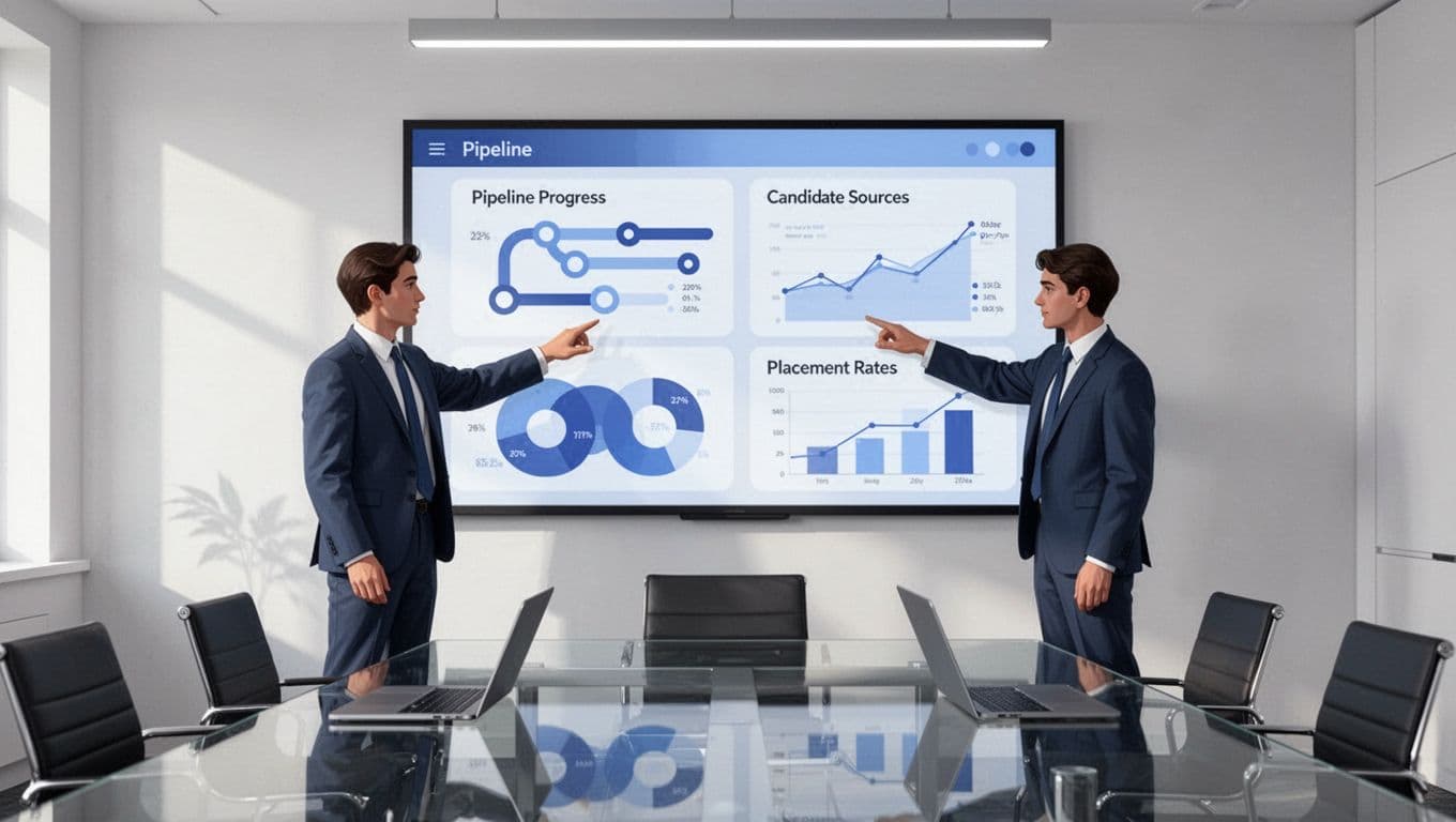 Modern illustration of two professionals in a conference room reviewing executive search analytics on a large dashboard screen, featuring charts for pipeline progress, candidate sources, and placement rates.