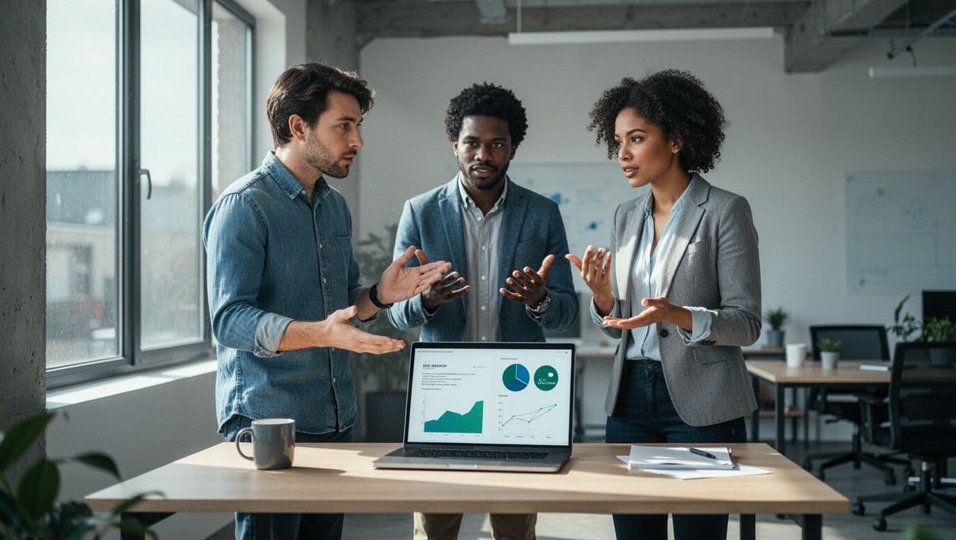 Three diverse professionals in modern office gather around laptop showing podcast charts and graphs.