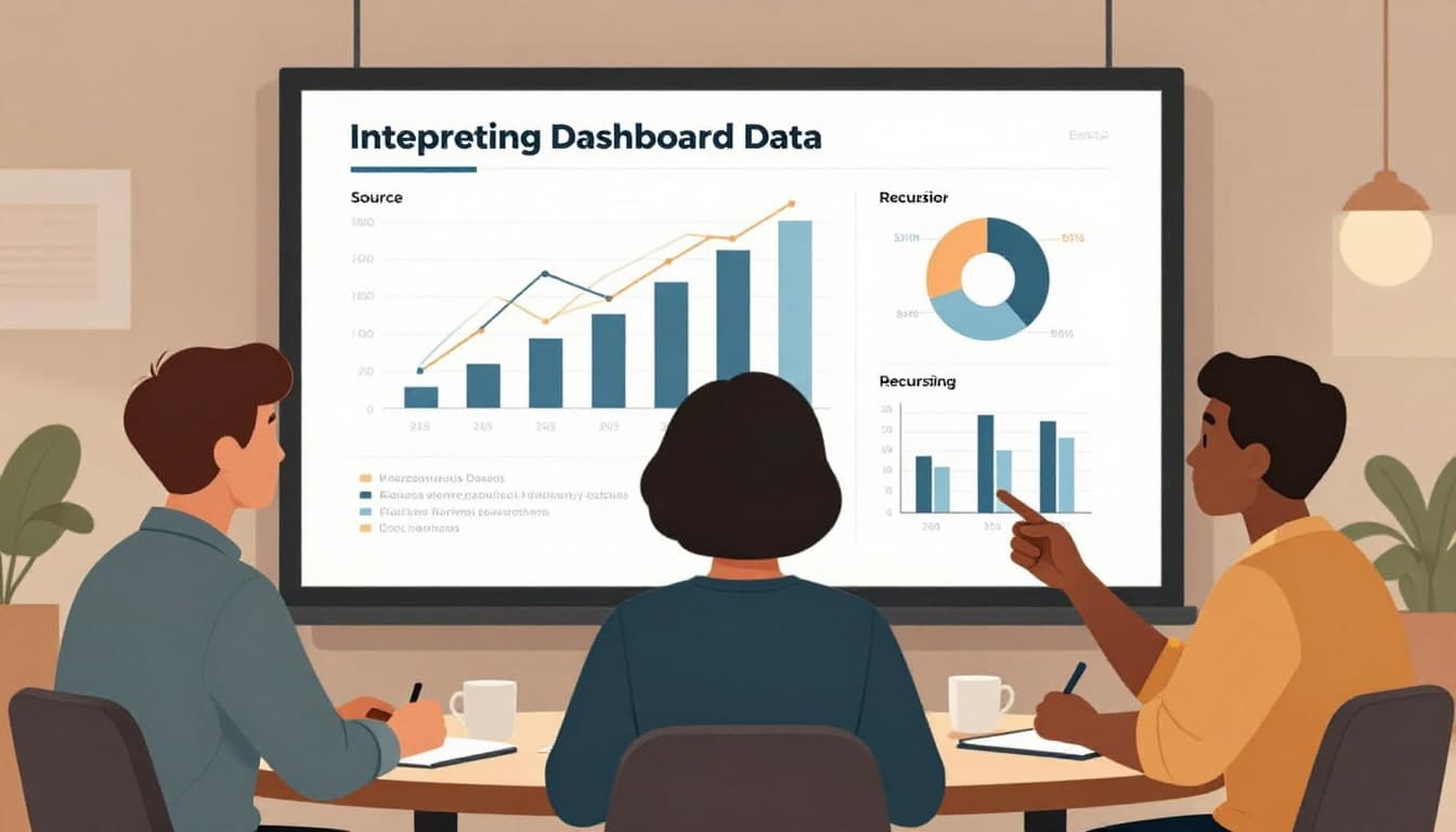 Three diverse professionals discuss bar charts and line graphs on large screen in meeting room.
