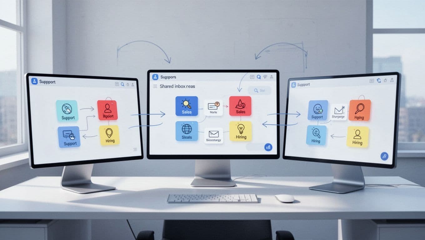 Modern illustration featuring team member icons around a shared inbox with labels like Support-HighPriority, Sales-FollowUp, and Hiring-Interviews on three screens, conveying a collaborative office vibe in a blue-white palette.