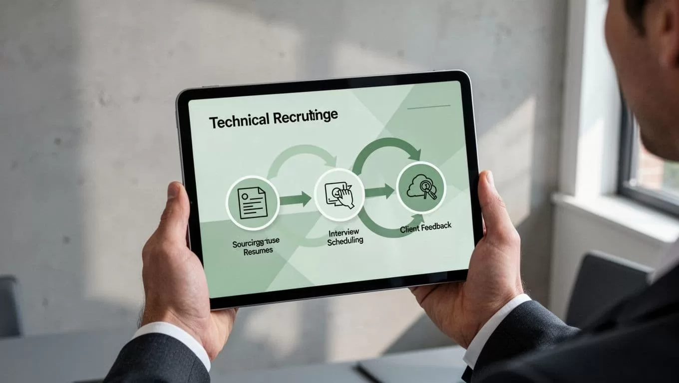 Recruiter holds tablet showing flowchart of resume sourcing, interview scheduling, and client feedback stages.
