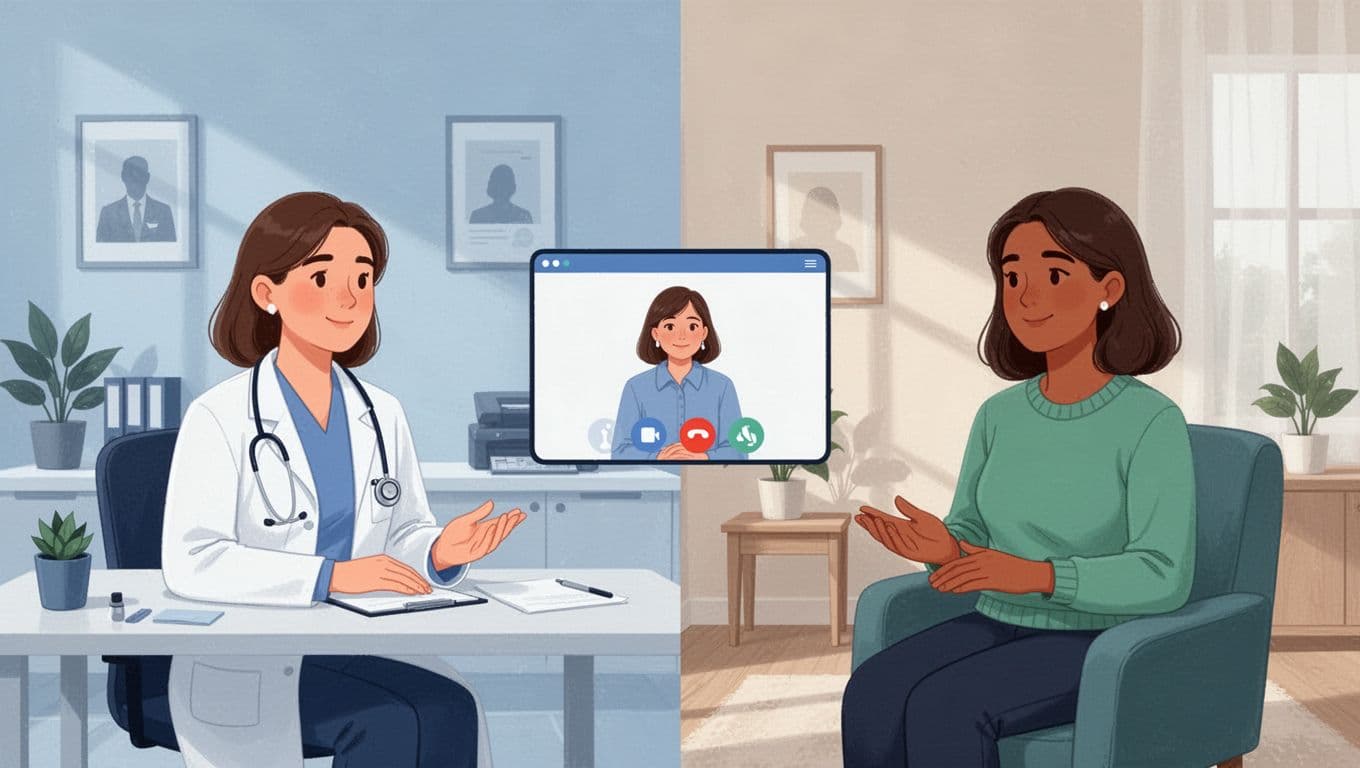 Modern split-scene illustration depicting a psychiatrist on video call with a patient via telehealth and a weight loss consultation screen, featuring clean shapes, blues and greens palette, soft lighting, and simple clinic backgrounds with exactly two people.