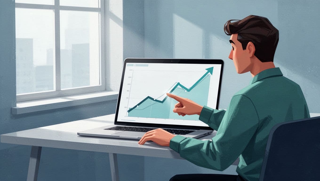 Modern illustration featuring a laptop on a desk displaying rising line graphs for telehealth search trends on the Exploding Topics dashboard, with one person sitting and pointing at the screen in a clean blues and greens palette under soft natural lighting.
