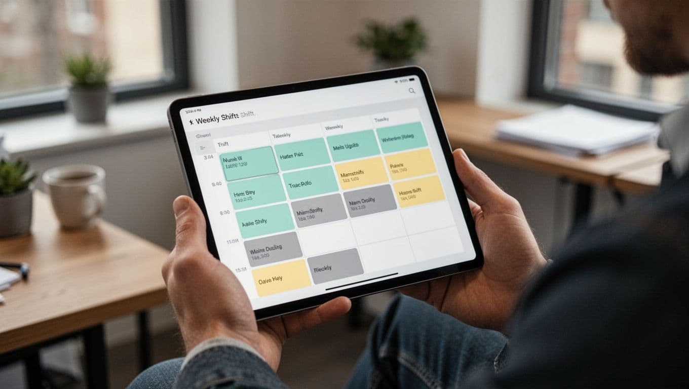 Digital calendar interface on a tablet held by a staffing coordinator in a casual office, showing temp worker shifts and assignments in a grid layout with color-coded blocks.