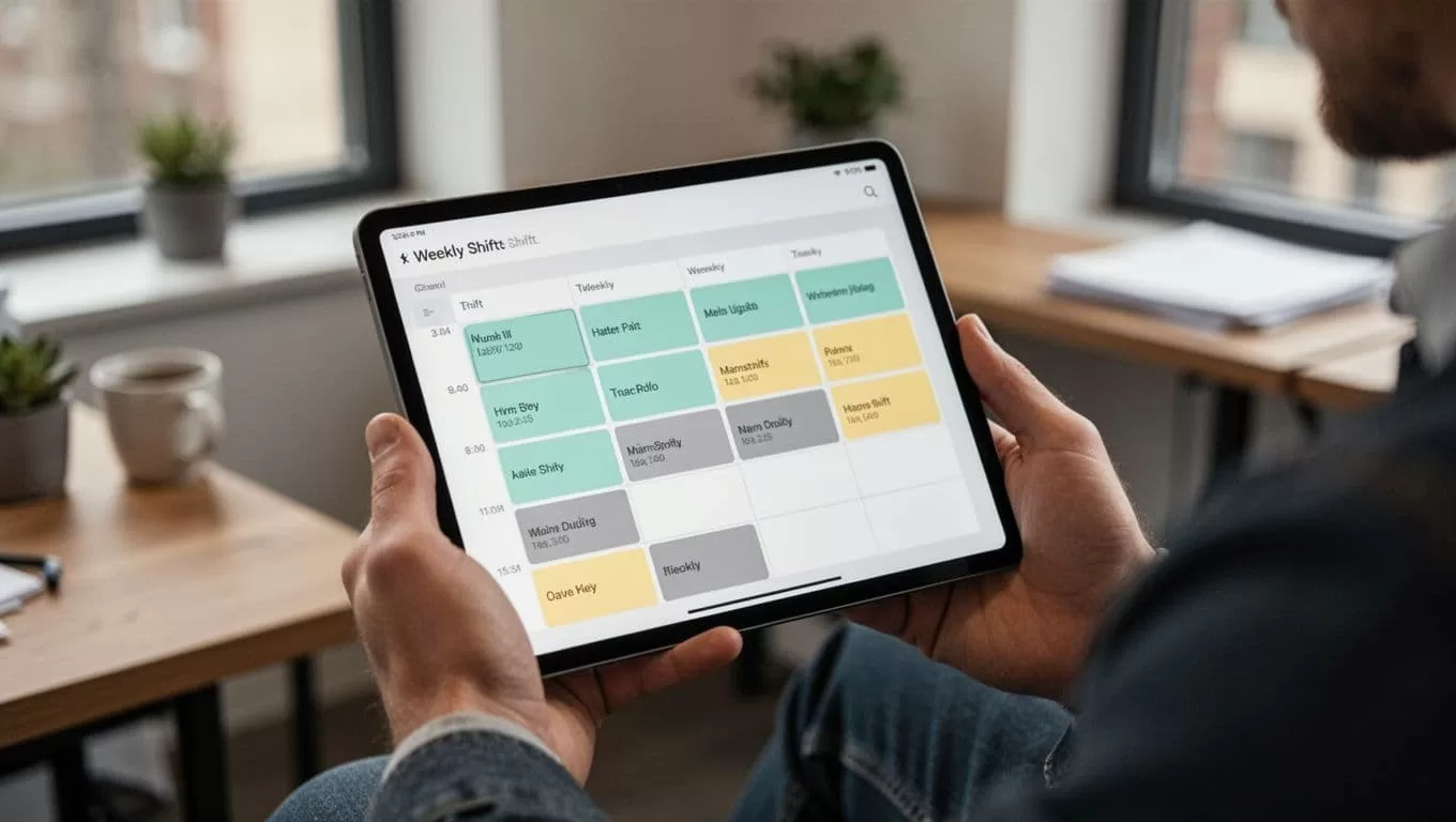 Digital calendar interface on a tablet held by a staffing coordinator in a casual office, showing temp worker shifts and assignments in a grid layout with color-coded blocks.